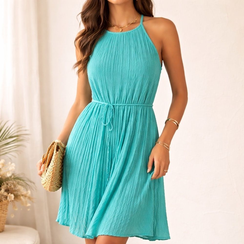 Elle XS Teal Crinkle Halter Mini Dress Tie Waist Lined Resort
